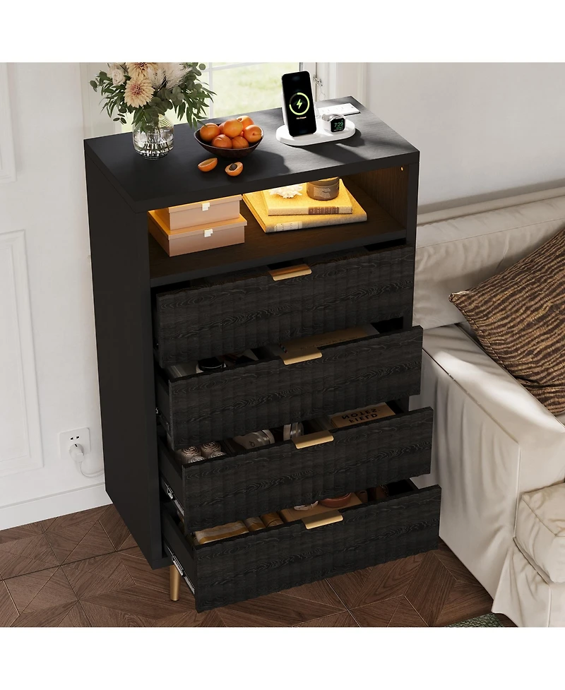homfan 4 Drawers Dresser 28" Wooden Unit with Led and Charging, Fluted Night Stand Handle, Modern Dressers for Closet, Living Room, Hallway