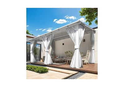 Aecojoy 16' x 10'Wall Mounted Hardtop Gazebo Lean to Metal Pergola with Curtains Netting Patio