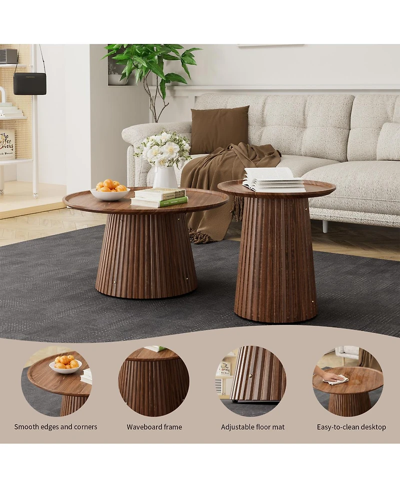 Streamdale Furniture Set of 2 Round Wooden Coffee Tables, Modern Walnut Finish