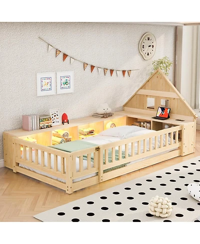 Streamdale Furniture Twin Wood House Floor Bed with Storage, Led, Usb and Outlets