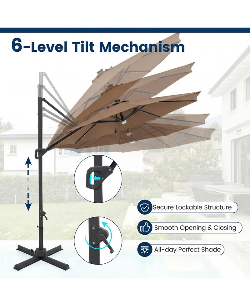 Sugift 10 Feet Cantilever Patio Umbrella with Solar Led Lights and 360 Rotation