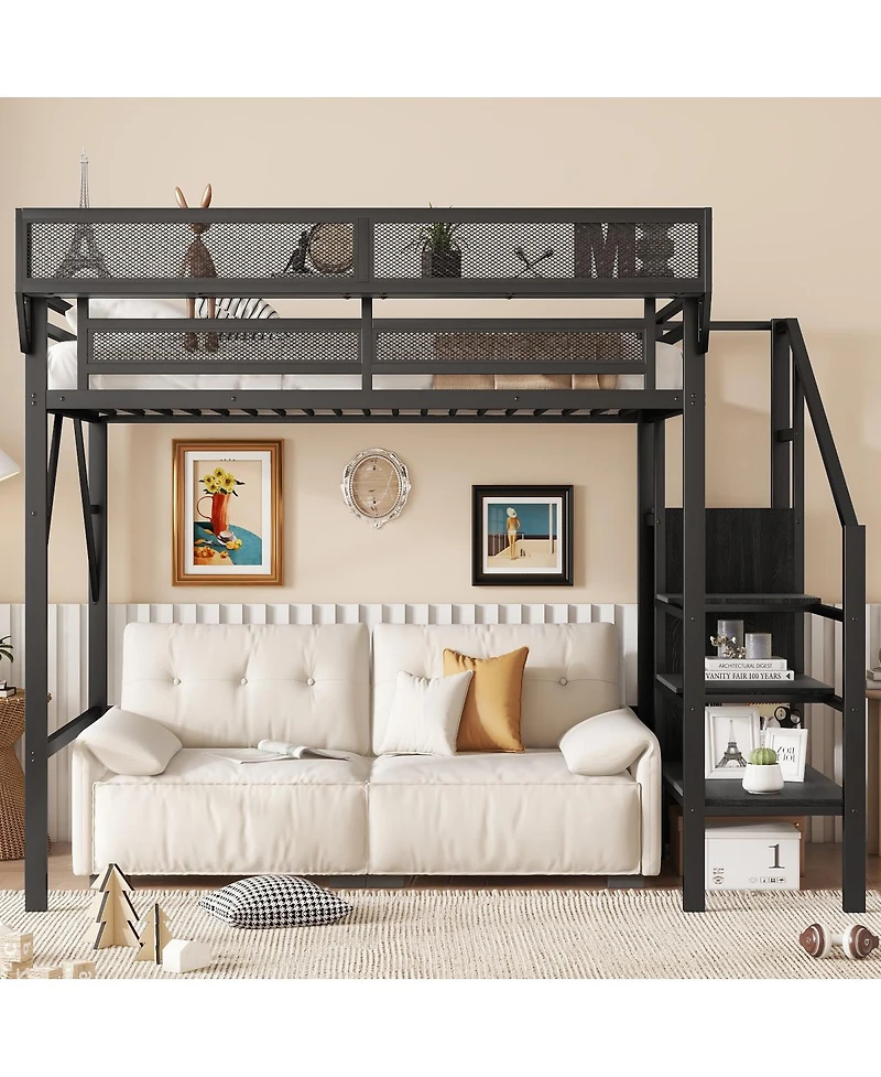 Streamdale Furniture Twin Size Metal Loft Bed with Stairs, Storage Shelves, and Wardrobe