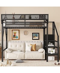 Streamdale Furniture Twin Size Metal Loft Bed with Stairs, Storage Shelves, and Wardrobe