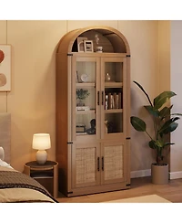 homfan 71" Arched Bookshelf with Glass Doors 5-Tier Modern Bookcase with Shelves, Farmhouse Storage Cabinet for Living Room and Office