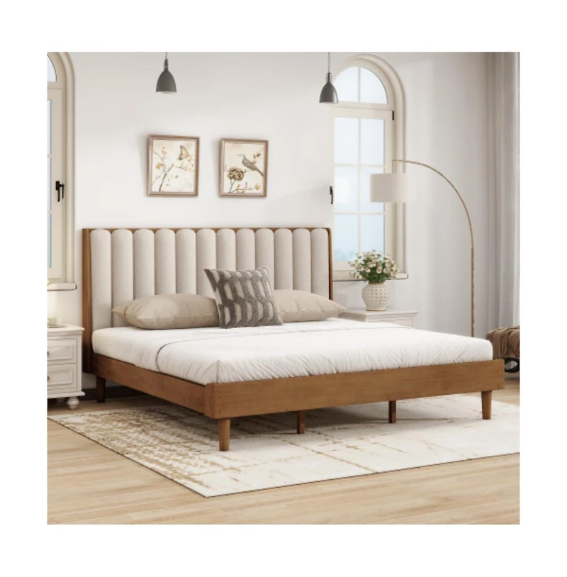 Lucky One King Size Wood Bed with Piano Key Style Upholstered Headboard, Strengthened Frame, Wood Slats, No Box Spring Needed