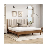 Lucky One King Size Wood Bed with Piano Key Style Upholstered Headboard, Strengthened Frame, Wood Slats, No Box Spring Needed