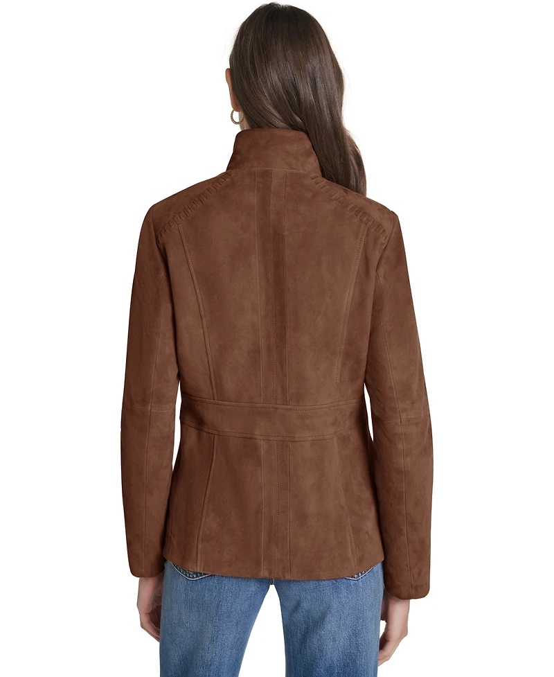 Cole Haan Women's Suede Zip Up Jacket with Stitch Detailing
