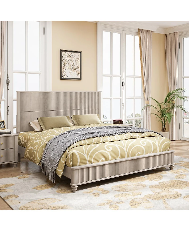 Streamdale Furniture King Solid Wood Platform Bed Frame with Tall Headboard, No Box Spring Needed