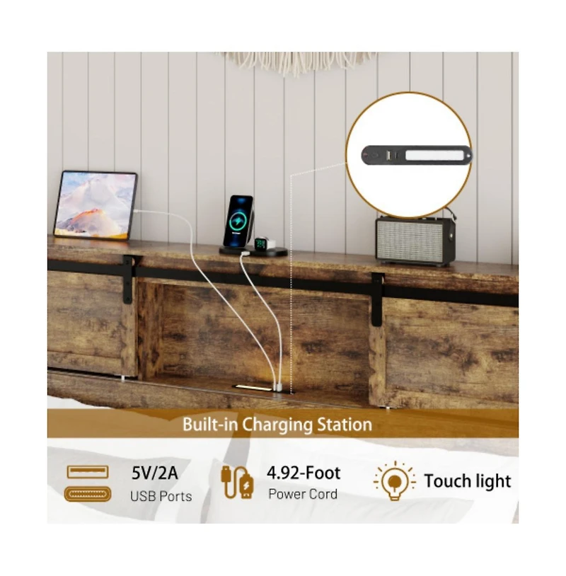 Lucky One Queen Size Metal Bed Frame with Storage Headboard, Usb Charging, Heavy Duty Metal Slats