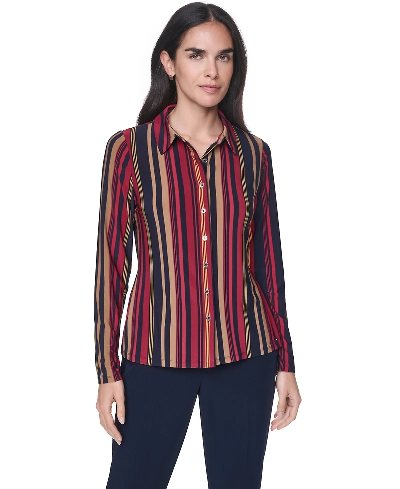 Tommy Hilfiger Women's Long-Sleeve Striped Knit Button-Up Top