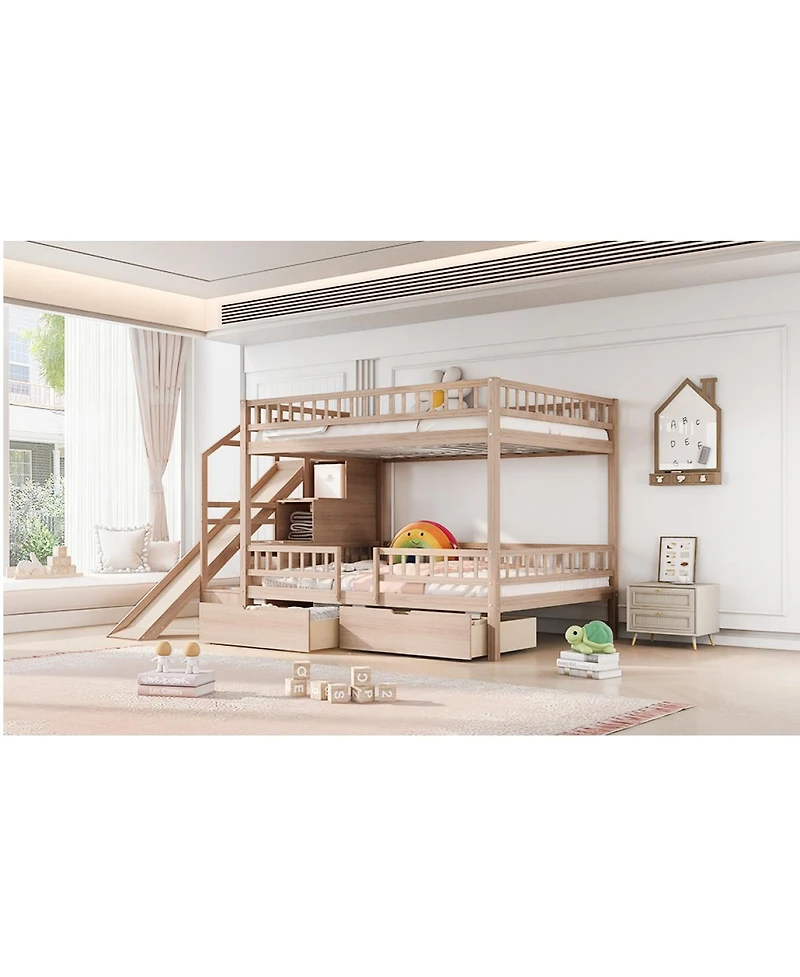 Streamdale Furniture Full over Full Bunk Bed with Storage Staircase, Slide and 2 Drawers