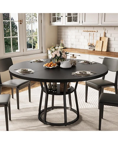 homfan 47 Inch Farmhouse Round Dining Table, Wood Kitchen Table with 2-Tier Storage Shelf for or Living Room