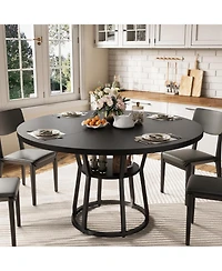 homfan 47 Inch Farmhouse Round Dining Table, Wood Kitchen Table with 2-Tier Storage Shelf for or Living Room