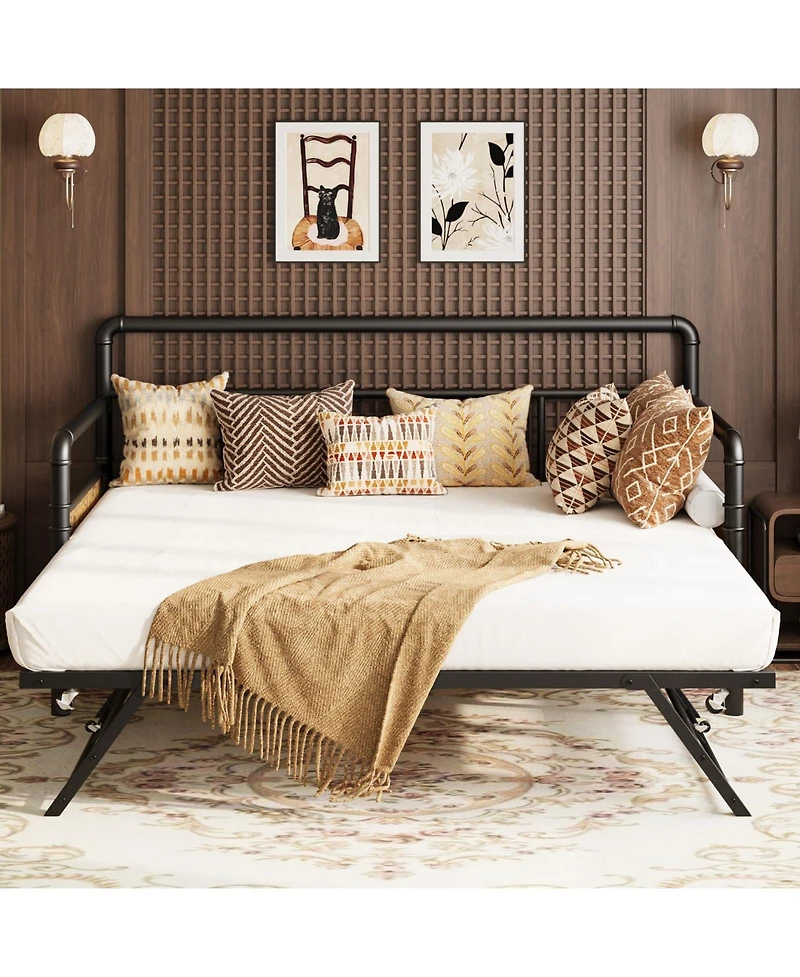 homfan Daybed with Trundle, Twin Daybed with Pop Up Trundle Set, Metal Twin Bed Frame with Steel Slat Support, Easy Assembly