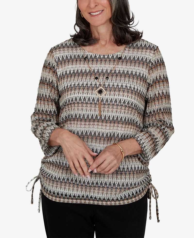 Alfred Dunner Women's Travel Advisory Biadere Textured Top With Necklace