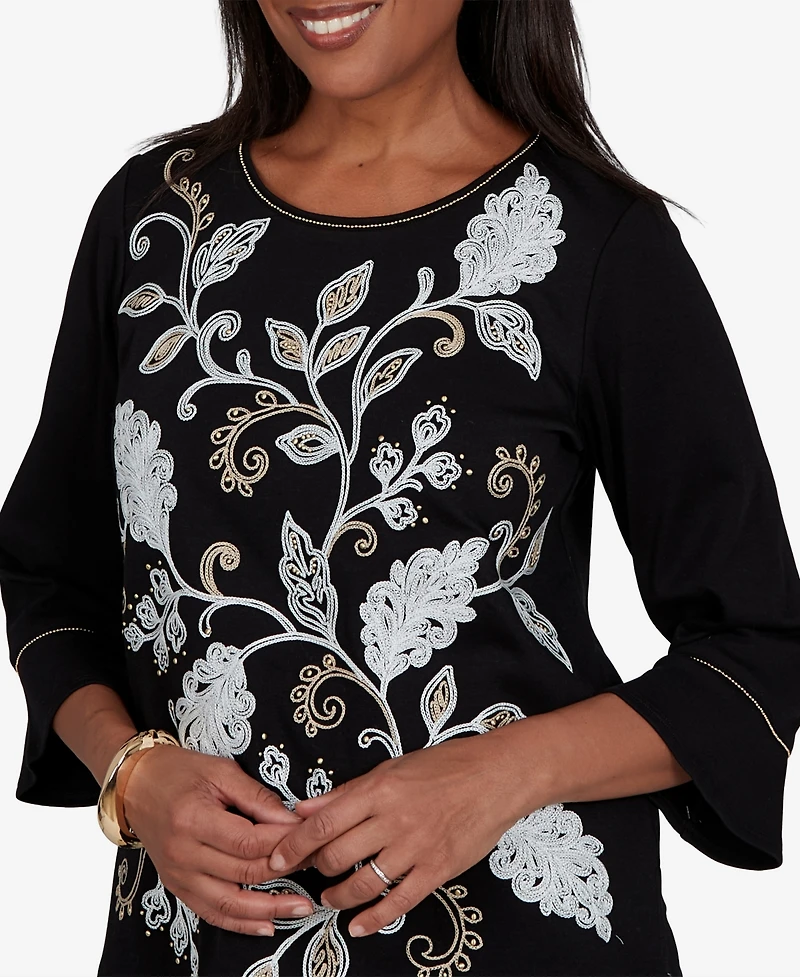 Alfred Dunner Women's Travel Advisory Scroll Leaf Embroidered Top