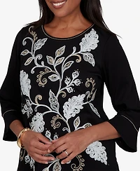 Alfred Dunner Women's Travel Advisory Scroll Leaf Embroidered Top