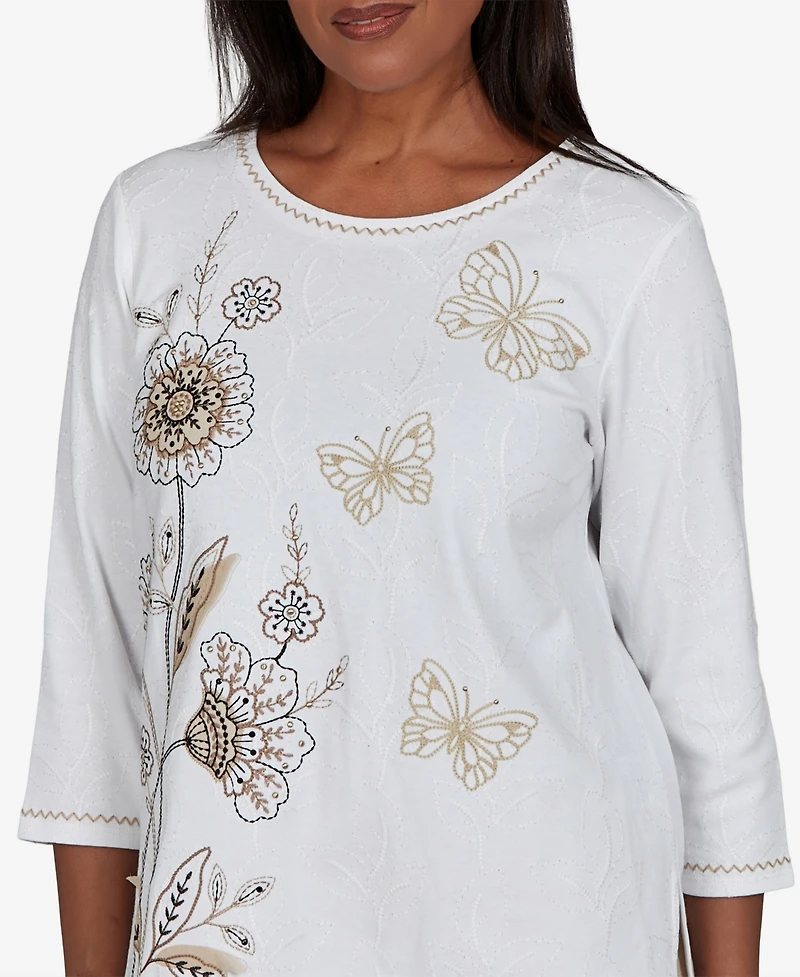 Alfred Dunner Women's Travel Advisory Floral Butterfly Line Embroidered Top