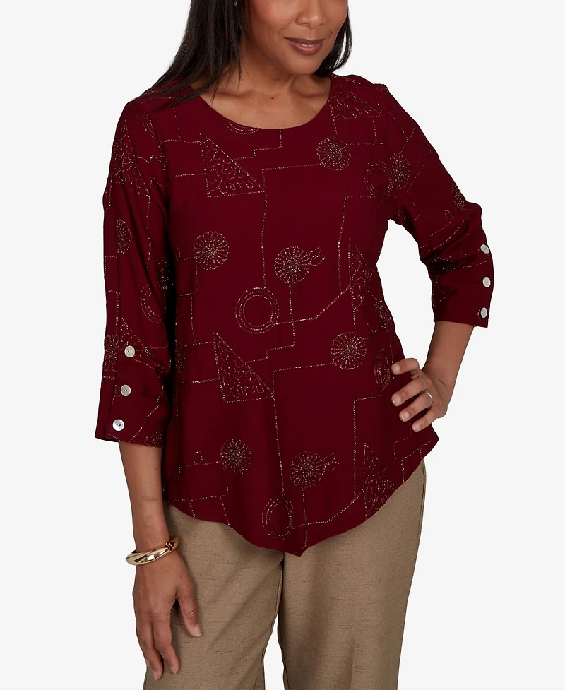 Alfred Dunner Women's Union Square Sparkle Soutache Geo Floral Top