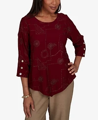 Alfred Dunner Women's Union Square Sparkle Soutache Geo Floral Top