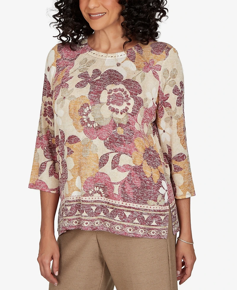 Alfred Dunner Women's Union Square Exploded Floral Geo Border Top