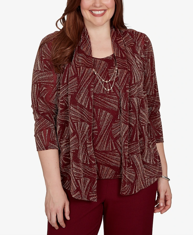 Alfred Dunner Women's Union Square Shimmer Abstract Two One Top With Necklace