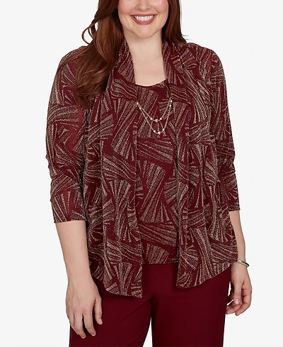 Alfred Dunner Women's Union Square Shimmer Abstract Two One Top With Necklace
