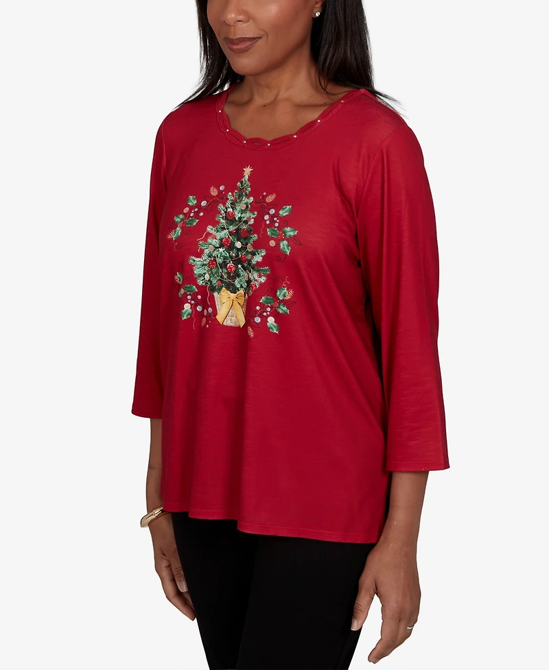 Alfred Dunner Women's Classic Christmas Tree Braided Neck Top