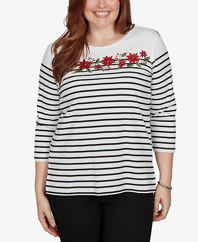Alfred Dunner Women's Classic Poinsettia Stripe Knit Top