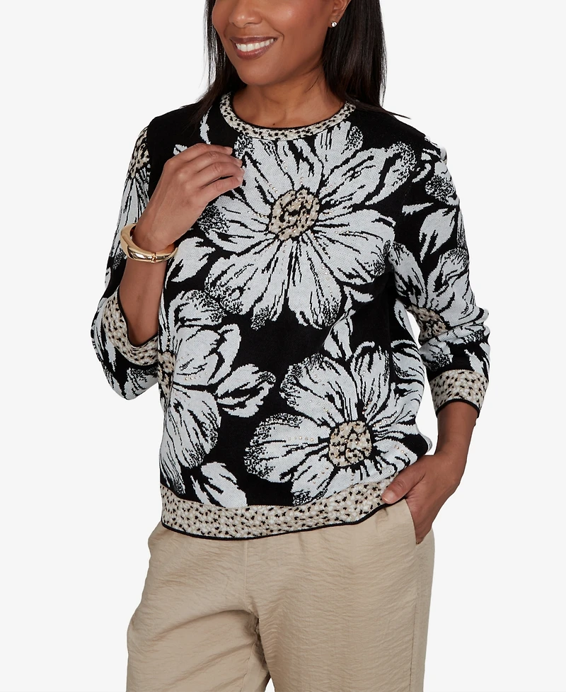 Alfred Dunner Women's Travel Advisory Dramatic Ink Floral Sweater