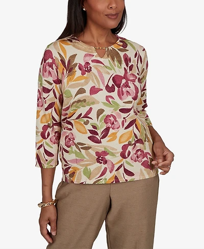 Alfred Dunner Women's Union Square Floral Painterly Print Shimmer Sweater