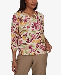 Alfred Dunner Women's Union Square Floral Painterly Print Shimmer Sweater