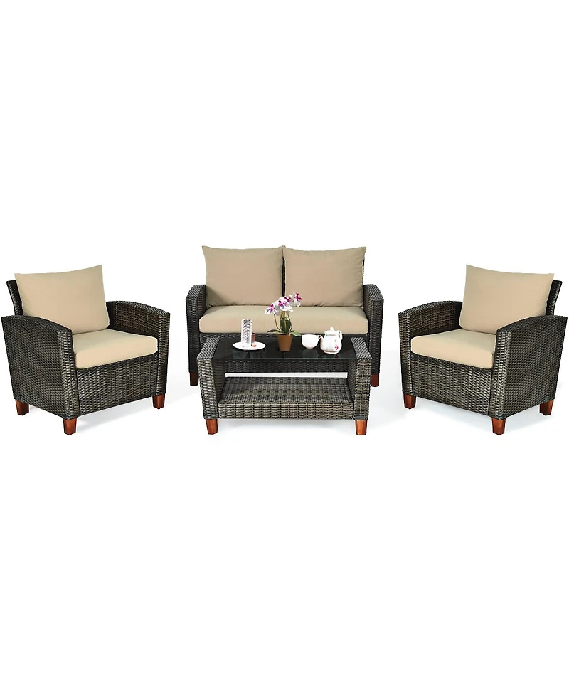 4PCS Patio Rattan Furniture Set Solid Wood Leg Cushioned Sofa Garden Lawn
