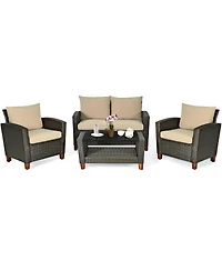 4PCS Patio Rattan Furniture Set Solid Wood Leg Cushioned Sofa Garden Lawn