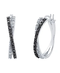 Black Diamond (1/10 ct. t.w.) & White Diamond (1/20 ct. t.w.) Crossover Hoop Earrings in Sterling Silver
