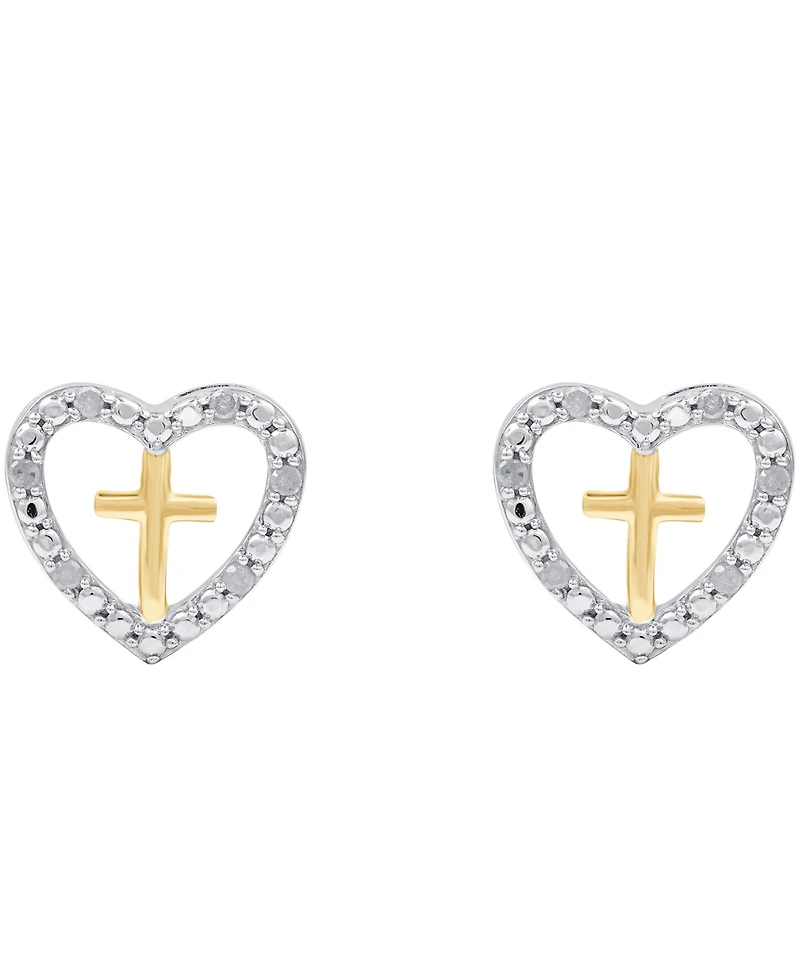 Diamond Heart & Cross Stud Earrings (1/10 ct. t.w.) in Sterling Silver & 14k Gold-Plate