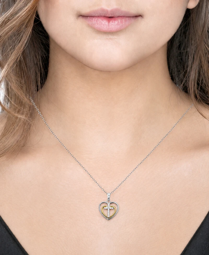 Diamond Double Heart Cross Pendant Necklace (1/10 ct. t.w.) in Sterling Silver & 14k Gold-plated Sterling Silver