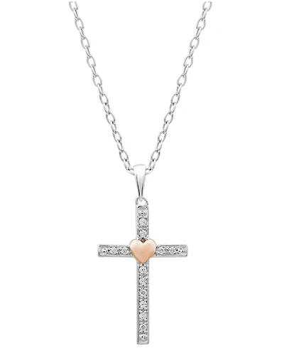 Diamond Two-Tone Cross Pendant Necklace (1/10 ct. t.w.) in Sterling Silver with 18k Rose Gold-Plated Sterling Silver Accent