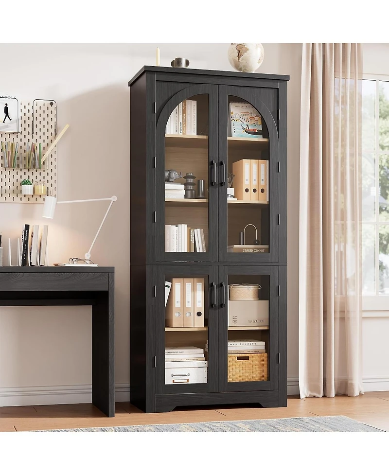 70" Tall Arch Glass Pantry Cabinet, 4-Door Display Storage with Adjustable Shelvesfor Kitchen, Dining Room, Living Bathroom