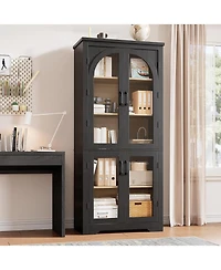 70" Tall Arch Glass Pantry Cabinet, 4-Door Display Storage with Adjustable Shelvesfor Kitchen, Dining Room, Living Bathroom