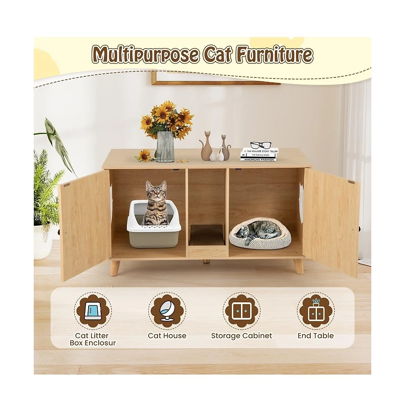 Ruie Cat Litter Box Enclosure with Double Rooms and 2 Sisal Scratching Mats