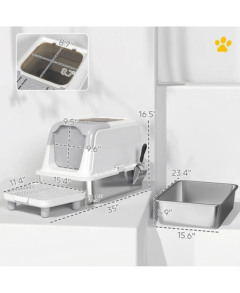 Ruie Extra Large Enclosed Stainless Steel Cat Litter Box with Scoop