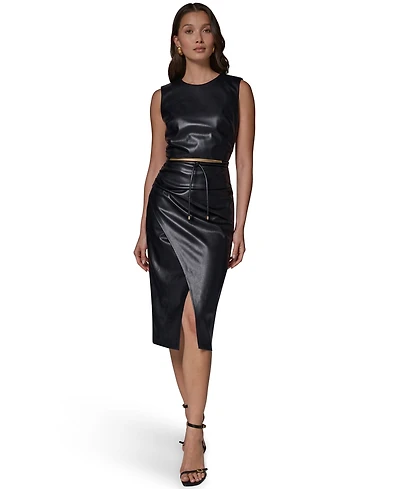 Sleeveless Faux Leather Side-Ruched Midi Dress with Lariat Belt