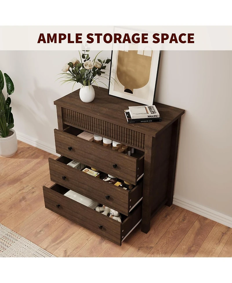 3-Drawer Fluted Nightstand Dresser, Wooden Storage Chest with Anti-Tip Kit for Bedroom, Living Room & Hallway