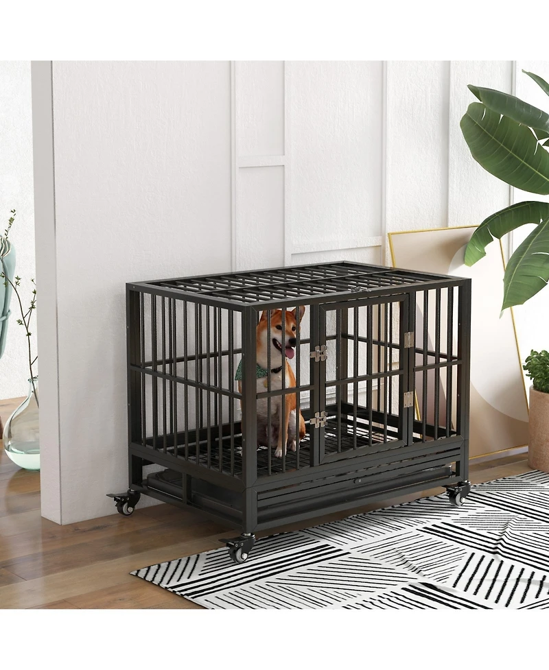 Ruie Heavy Duty Metal Dog Crate Kennel with Lockable Wheels and Tray