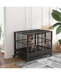 Ruie Heavy Duty Metal Dog Crate Kennel with Lockable Wheels and Tray