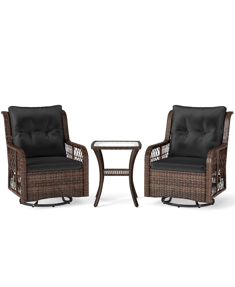 Sugift 3 Pieces Patio Furniture Set Pe Wicker Swivel Glider Chairs with 2-Tier Side Table and Cushions