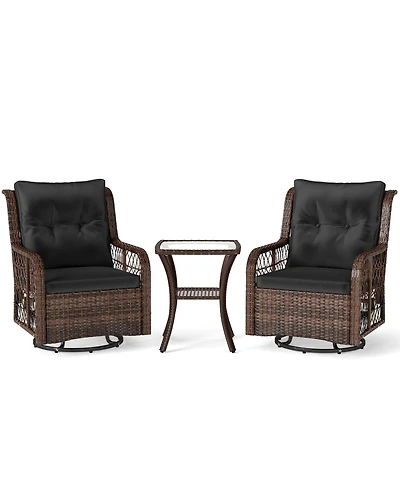Sugift 3 Pieces Patio Furniture Set Pe Wicker Swivel Glider Chairs with 2-Tier Side Table and Cushions