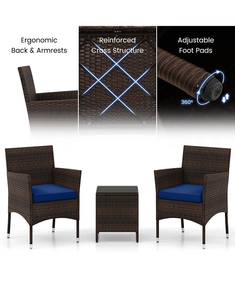 Sugift 3 Pieces Outdoor Conversation Set with Cushioned Seat and Glass Tabletop