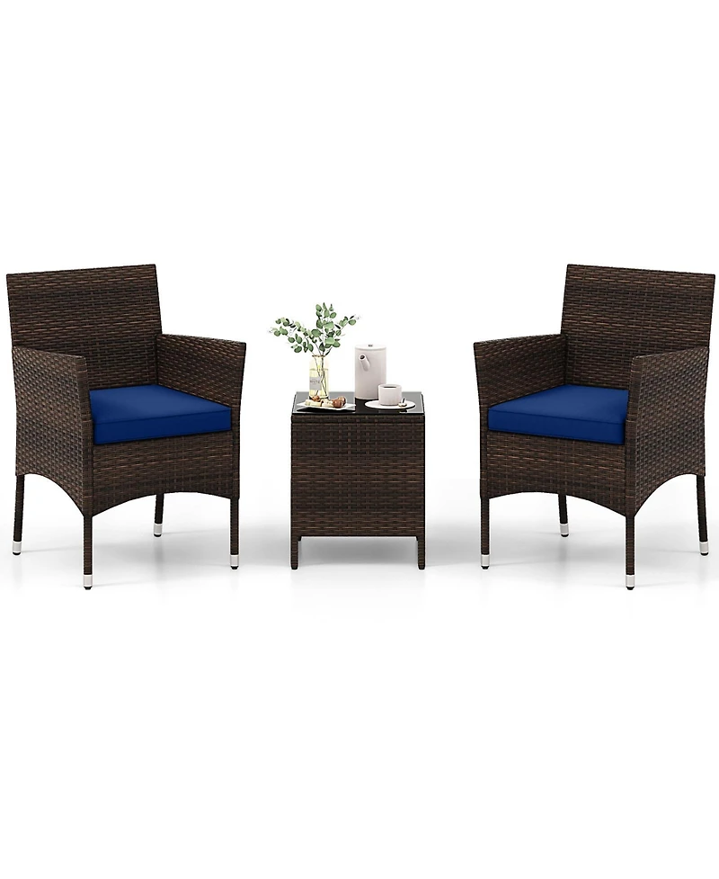 Sugift 3 Pieces Outdoor Conversation Set with Cushioned Seat and Glass Tabletop